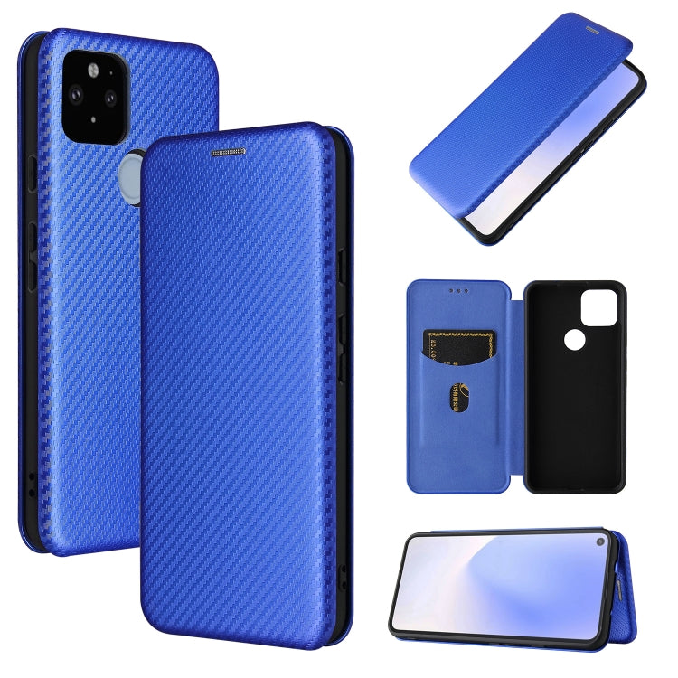 Magnetic flip phone case, carbon-fiber texture, card slot; blue with folio flap.