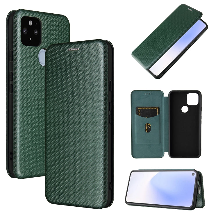 Magnetic flip phone case, carbon-fiber texture, card slot; dark green.