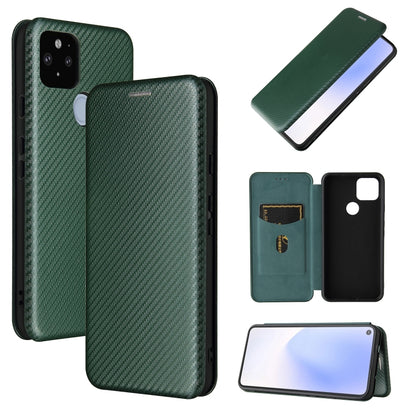 Magnetic flip phone case, carbon-fiber texture, card slot; dark green.