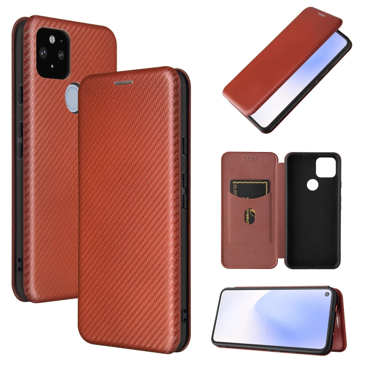Magnetic flip phone case, carbon-fiber texture, card slot; brown with flip.