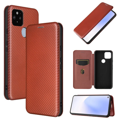 Magnetic flip phone case, carbon-fiber texture, card slot; brown with flip.