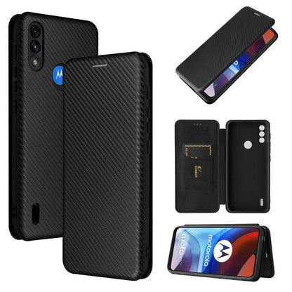 Magnetic flip phone case, carbon-fiber texture, card slot; black.