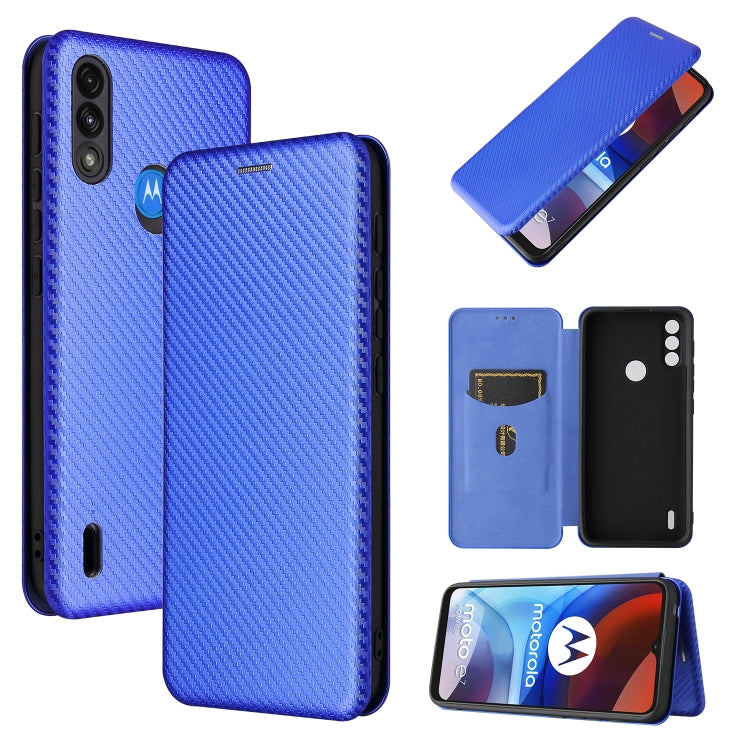 Magnetic flip phone case, carbon-fiber texture, card slot; blue.