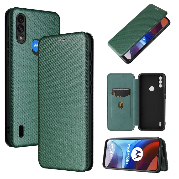 Magnetic flip phone case, carbon-fiber texture, card slot; green with flip cover.
