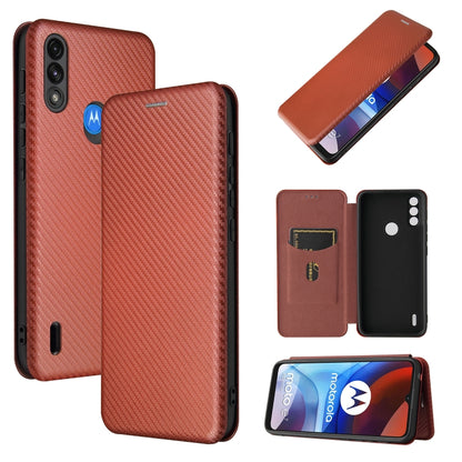 Brown carbon-fiber textured magnetic flip phone case with card slot, TPU/PC/PU leather.