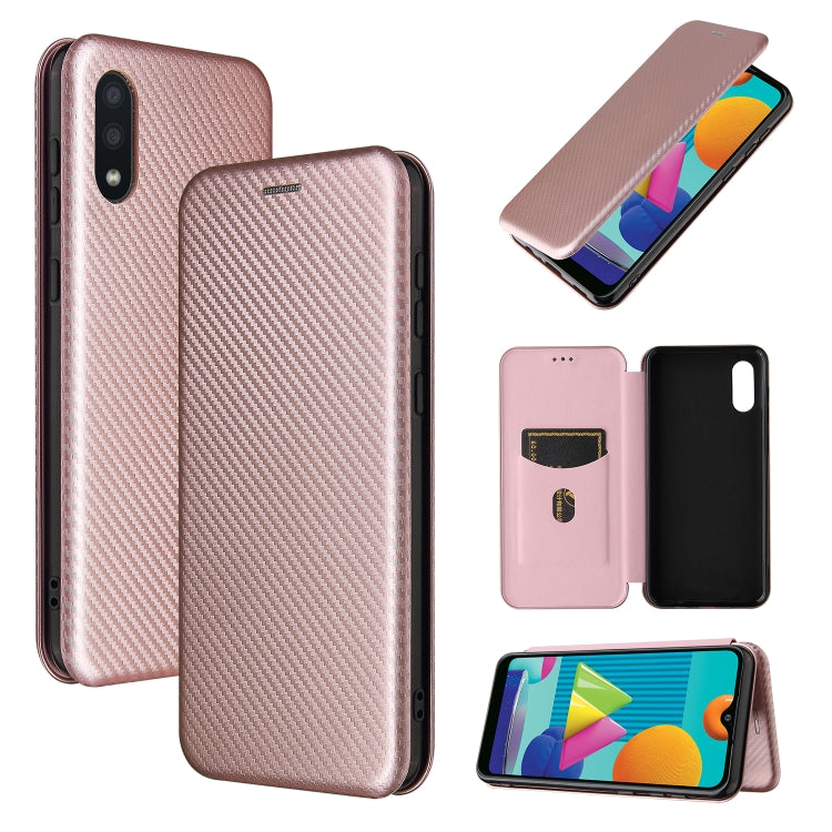 Magnetic flip phone case, carbon-fiber texture, card slot; rose pink.