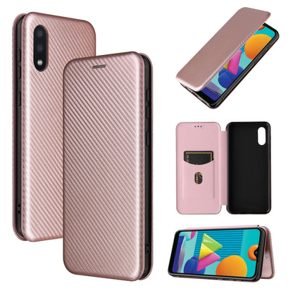 Magnetic flip phone case, carbon-fiber texture, card slot; rose pink.