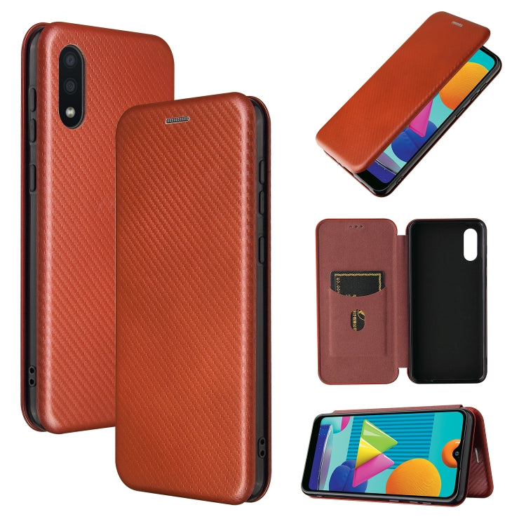 Rust-brown carbon-fiber textured magnetic flip phone case with card slot, TPU/PC/PU leather.