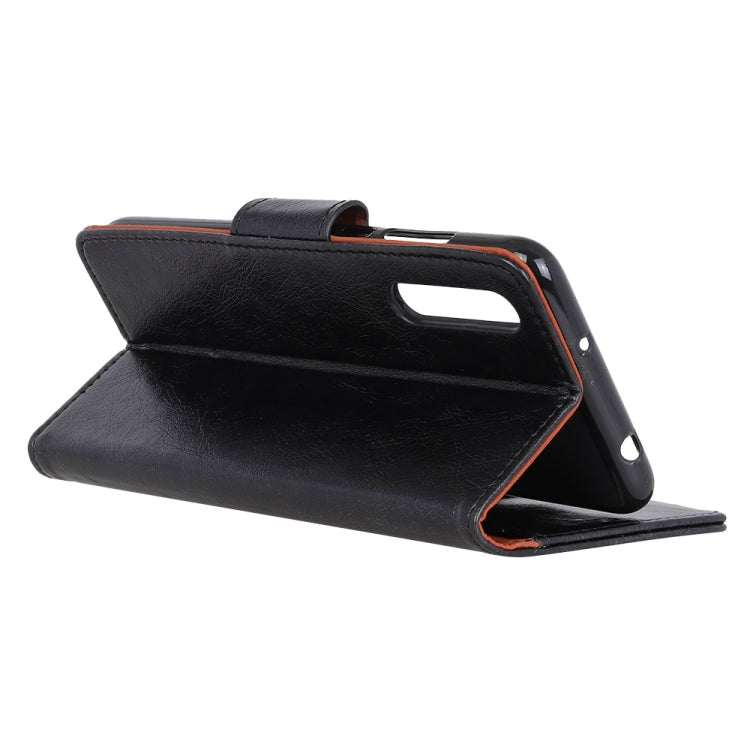Black textured leather flip phone case with holder stand and top opening
