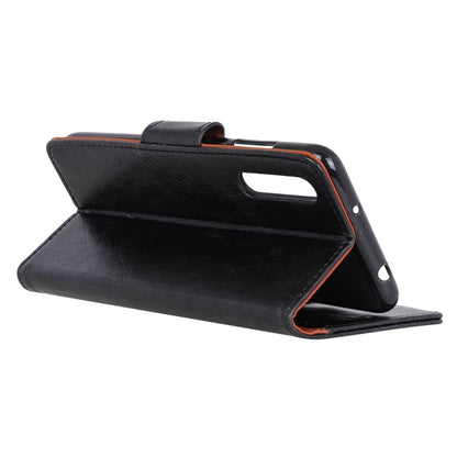 Black textured leather flip phone case with holder stand and top opening