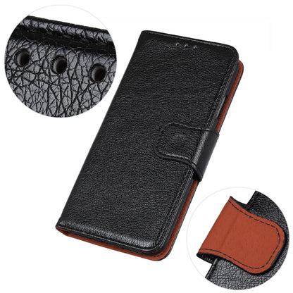 Black textured leather flip case with strap closure and orange side accent