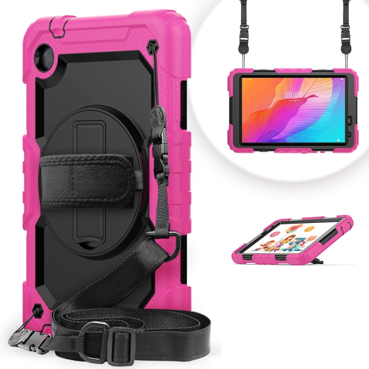 Rose red tablet protective case with black kickstand, hand strap, and shoulder strap