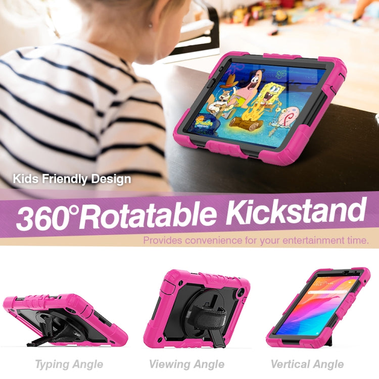 Rose red protective tablet case with kickstand, black hand strap, and colorful screen