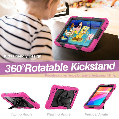 Rose red protective tablet case with kickstand, black hand strap, and colorful screen