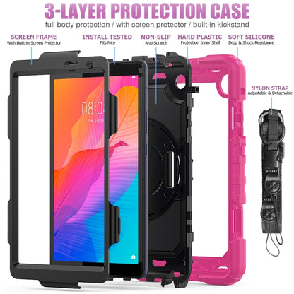 Rose red rugged tablet case with built-in kickstand and detachable nylon strap
