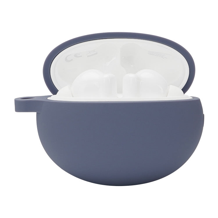 Dark blue silicone earbud protective case with open lid and storage for two earbuds.