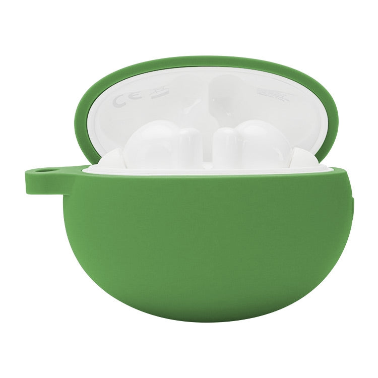 Green silicone earbud protective case with open lid and two earbuds inside.