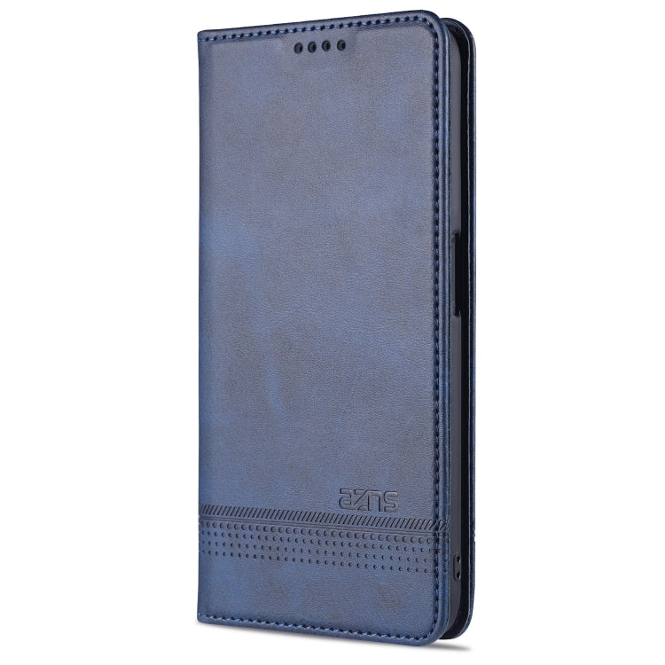 Blue magnetic flip leather phone case with card slots and stitched edges