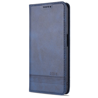 Blue magnetic flip leather phone case with card slots and stitched edges