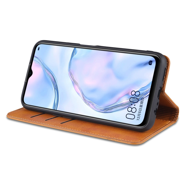 Tan/brown magnetic flip leather phone case with card slots and camera cutout