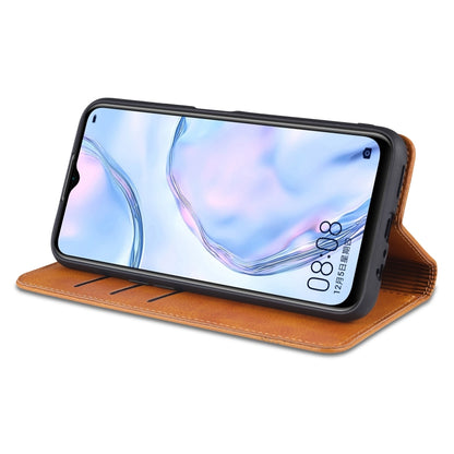 Tan/brown magnetic flip leather phone case with card slots and camera cutout