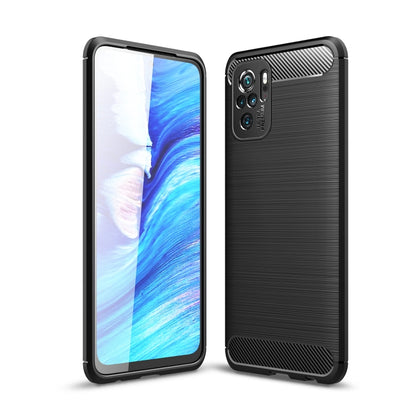 Black brushed carbon fiber TPU smartphone case with camera cutout and raised edges