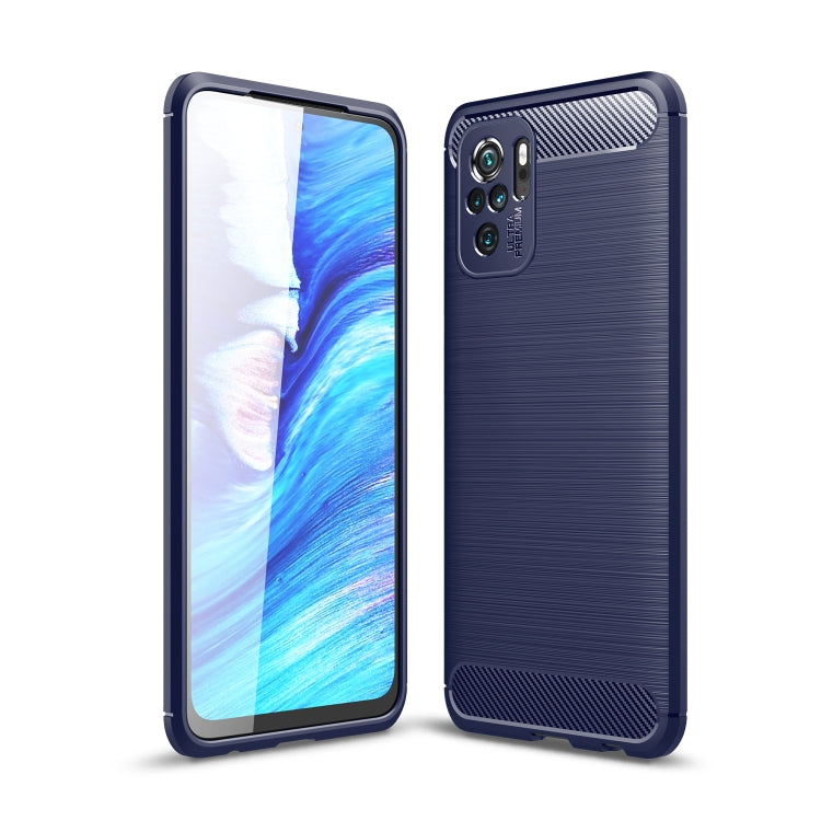 Navy blue brushed carbon fiber TPU phone case with camera cutouts and textured grip