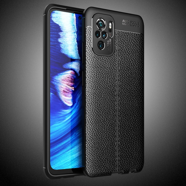 Black TPU phone case with litchi-texture finish, raised camera cutouts, shockproof edges