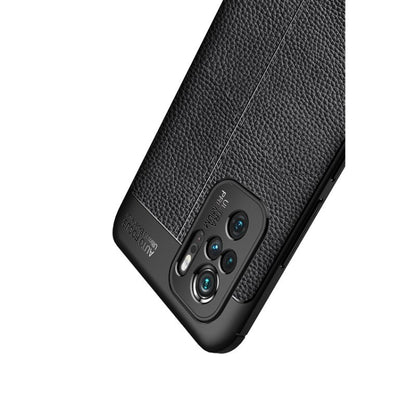 Side and back of litchi-textured TPU case, showing precise camera openings and buttons