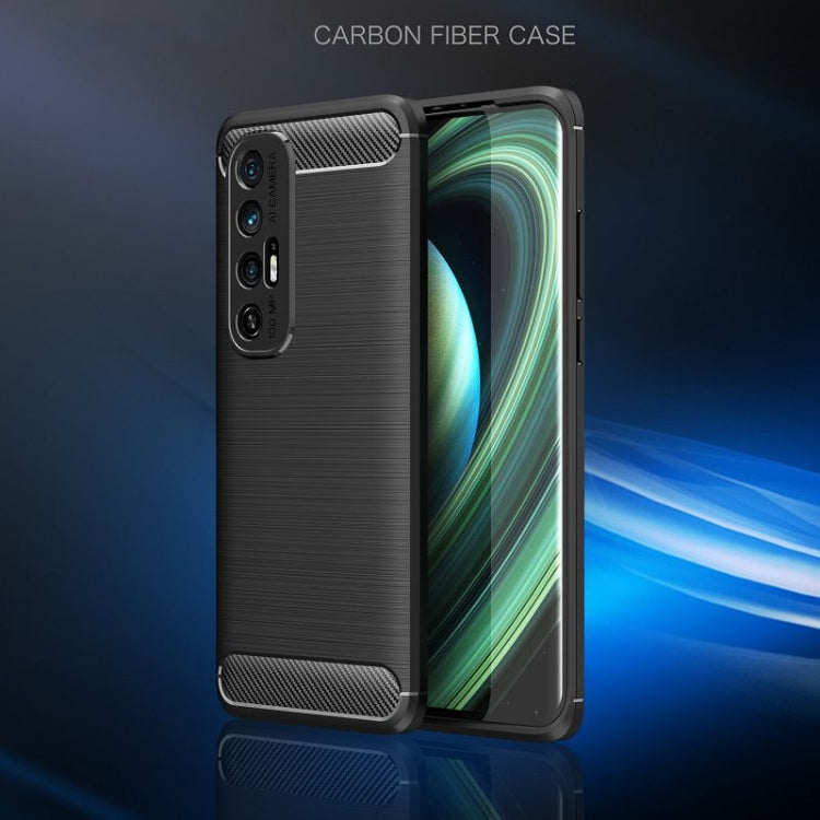 Black brushed carbon fiber TPU phone case with cutouts and textured side accents