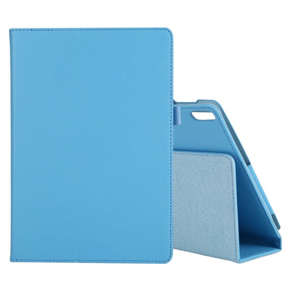 Light blue litchi-texture leather tablet case with flip cover, stand, and inner pocket