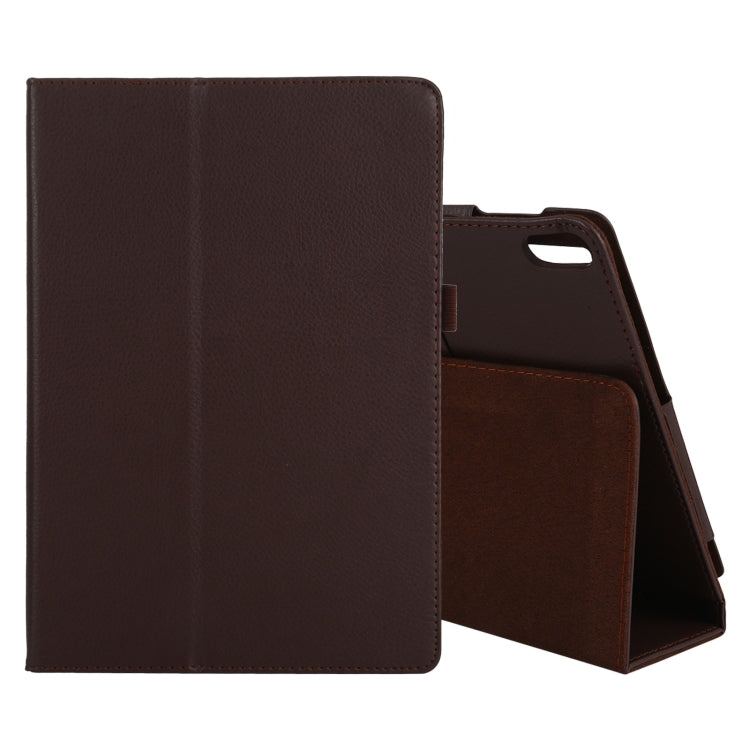 Brown litchi-texture leather tablet case with flip cover, stand, and inner pocket