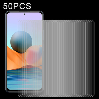 Tempered glass screen protector set (50 pack) showing multiple aligned films on phone