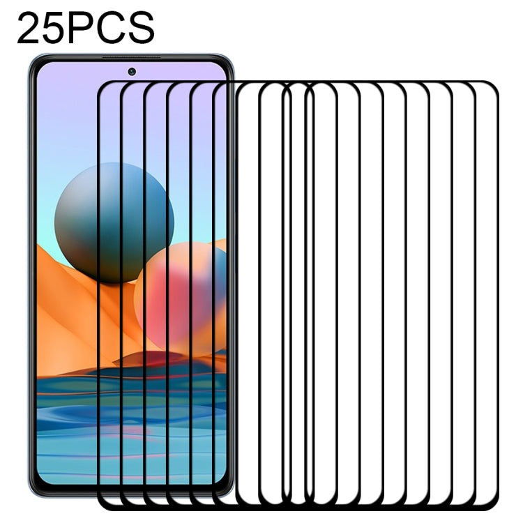 25-pack tempered glass screen protectors, full-cover fit with adhesive, black edging