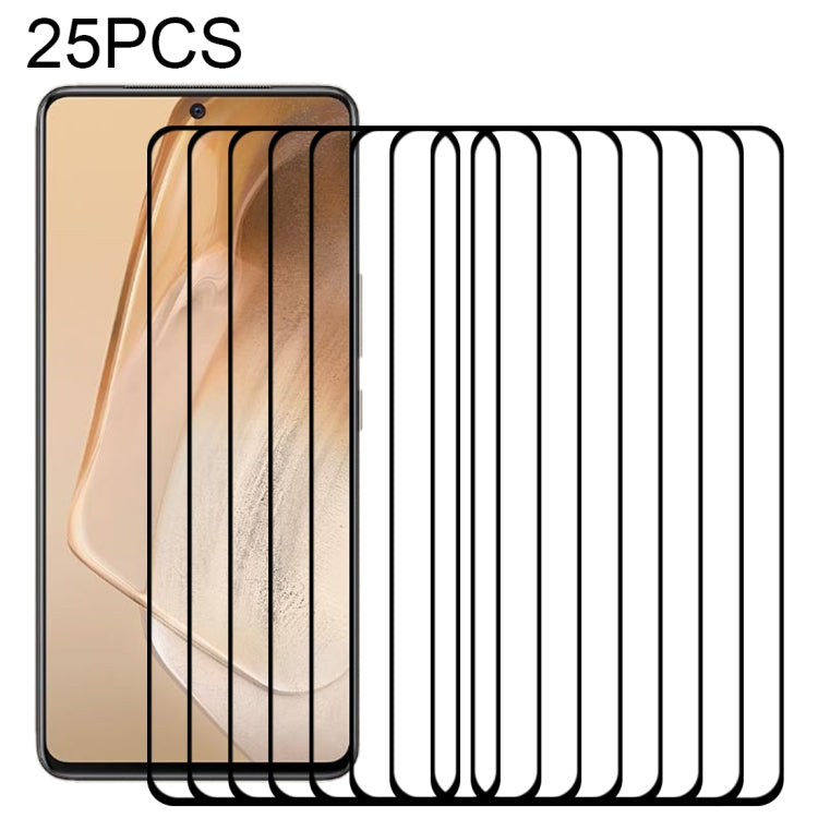 25-pack full-coverage tempered glass screen protectors stacked over gold phone display