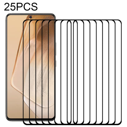 25-pack full-coverage tempered glass screen protectors stacked over gold phone display