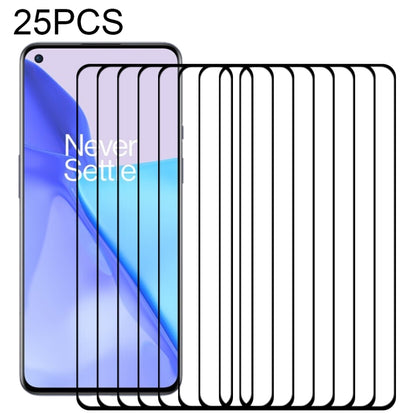 Full-coverage tempered glass screen protector set, 25 pack, stacked over phone display