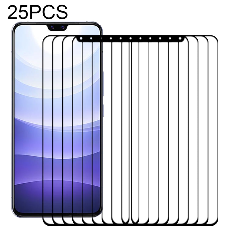 25-pack tempered glass screen protectors stacked on front phone display