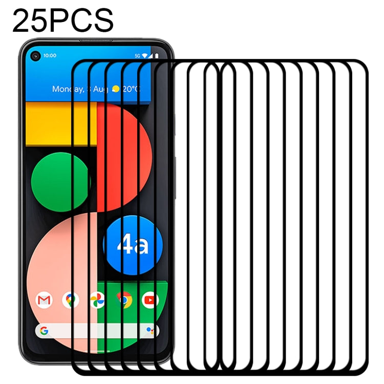 Set of 25 full-glue tempered glass screen protectors, clear, stacked over a phone display