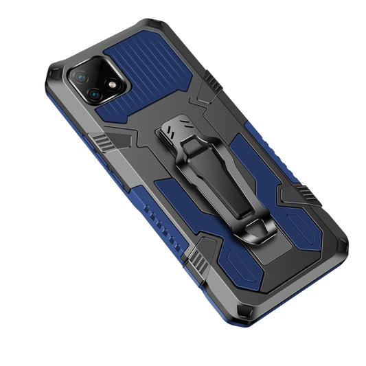 Blue shockproof phone case with TPU bumper, raised camera cutout, kickstand holder