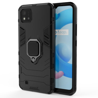 Rugged black phone case with magnetic ring holder and camera cutout, shockproof design