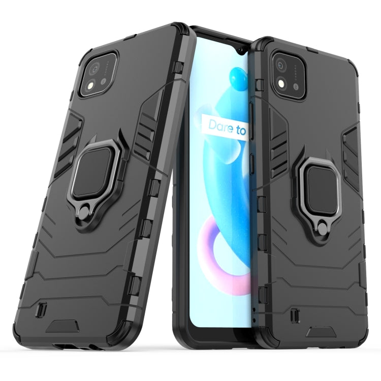 Rugged black shockproof phone case with magnetic ring holder, front and back visible