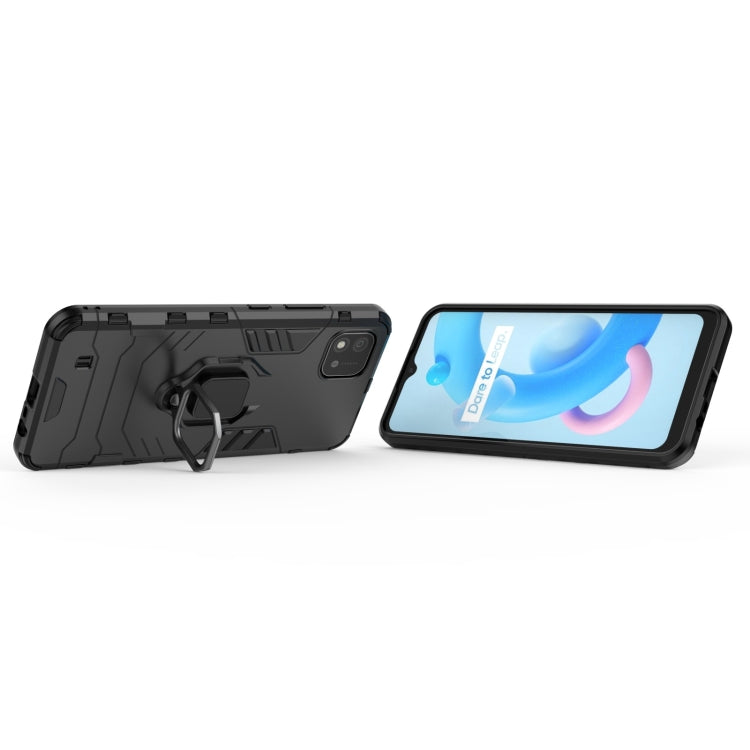 Rugged black shockproof phone case with magnetic ring holder, back and front shown