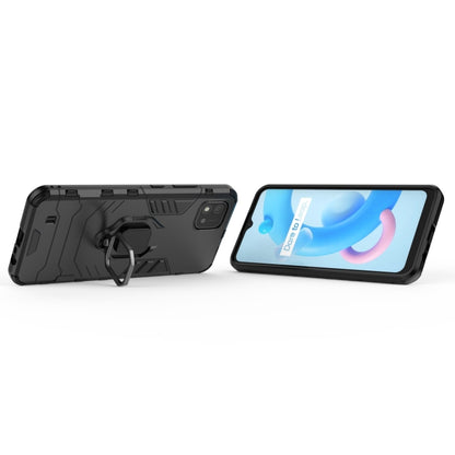 Rugged black shockproof phone case with magnetic ring holder, back and front shown