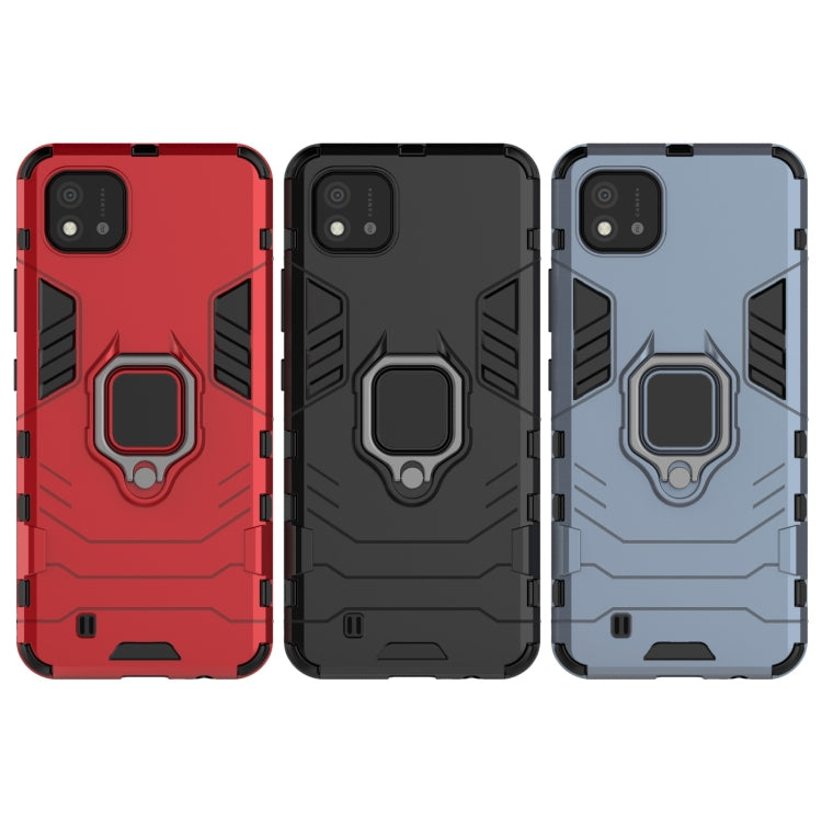 Rugged phone case in red, black, and navy blue with magnetic ring holder and camera cutouts