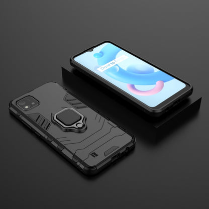 Black shockproof phone case with magnetic ring holder, laid flat with front and back