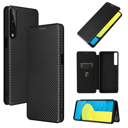 Black carbon fiber texture magnetic flip phone case with card slot and yellow accent