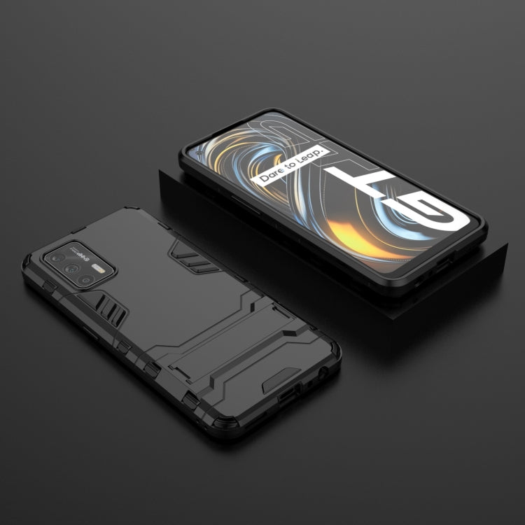 Rugged black shockproof TPU phone case with screen holder, shown open and closed