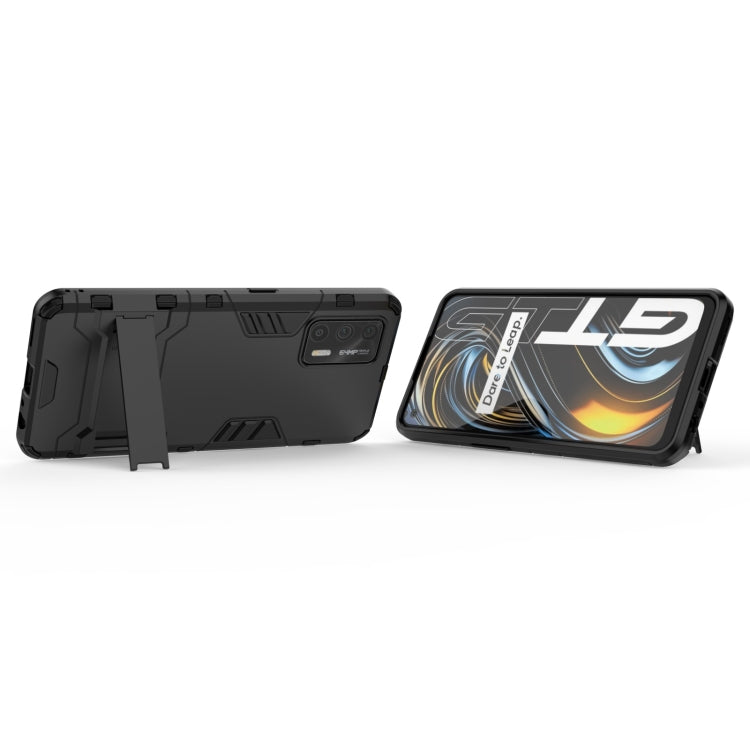 Black shockproof TPU phone case with kickstand/holder folded out for viewing