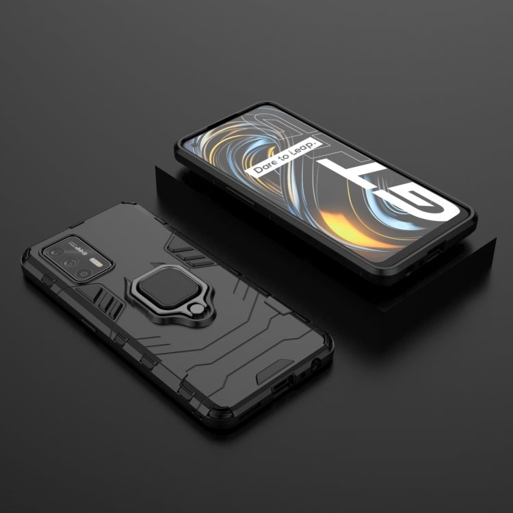 Black rugged phone case with magnetic ring holder, front and back pieces in view